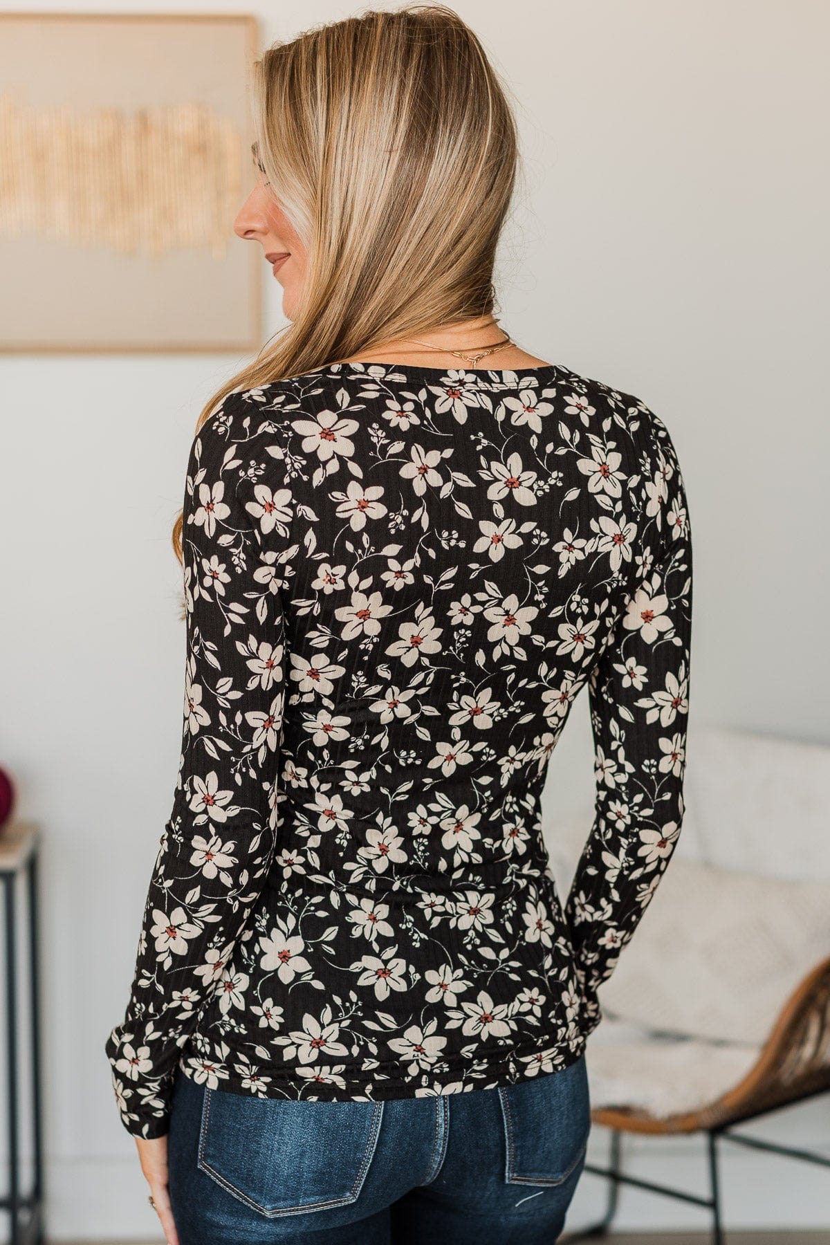 All Together Now Floral Henley Top- Black