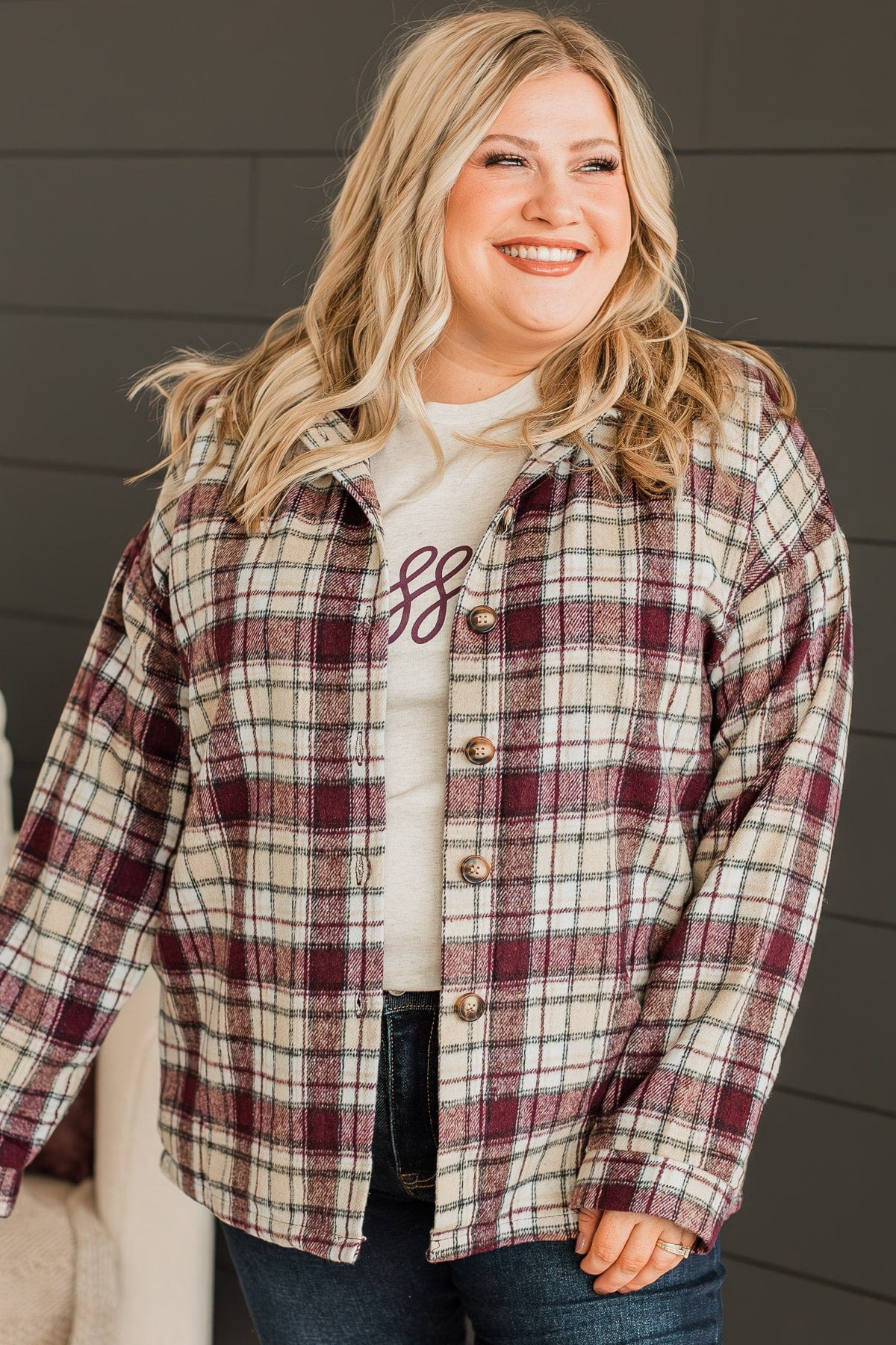Campfire Nights Plaid Jacket- Plum & Beige