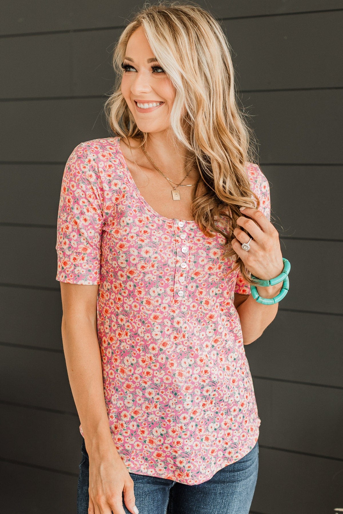 Dream On Floral Button Top- Pink & Light Yellow