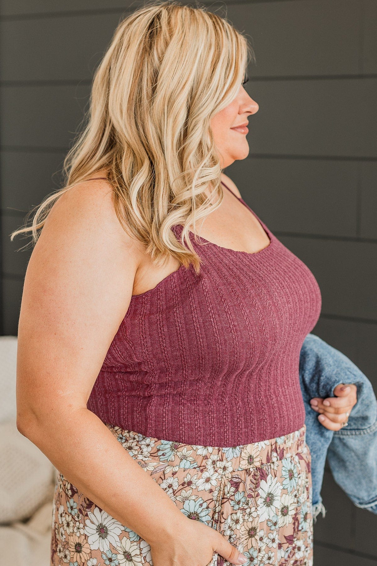 Happiness Is Within Ribbed Tank- Dark Mauve