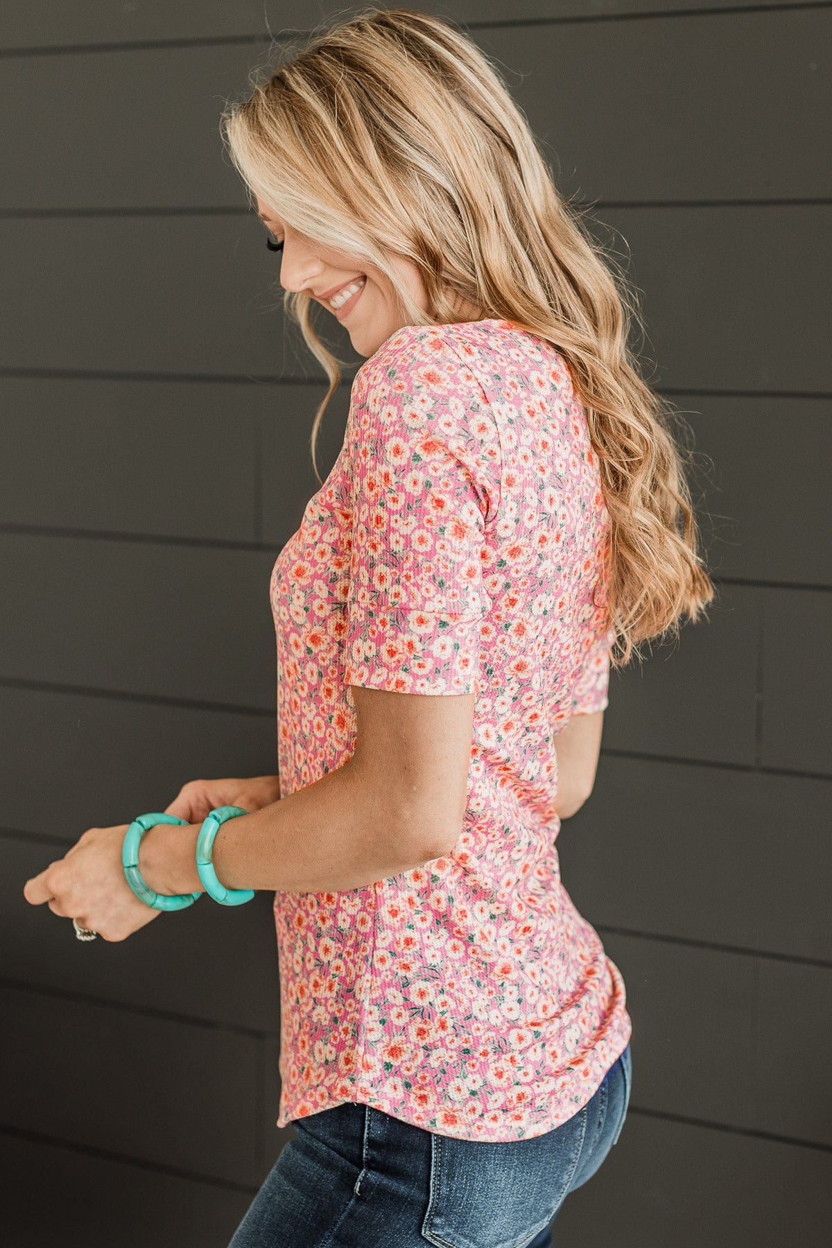 Dream On Floral Button Top- Pink & Light Yellow