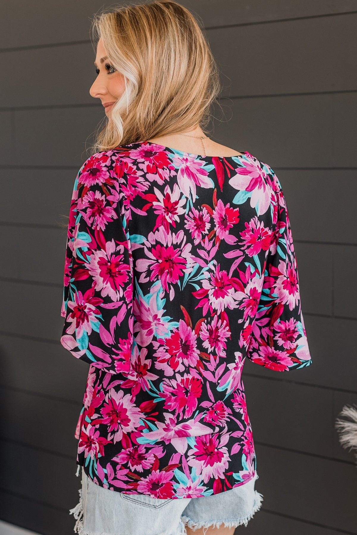 Unlimited Passion Floral Knit Top- Black & Fuchsia