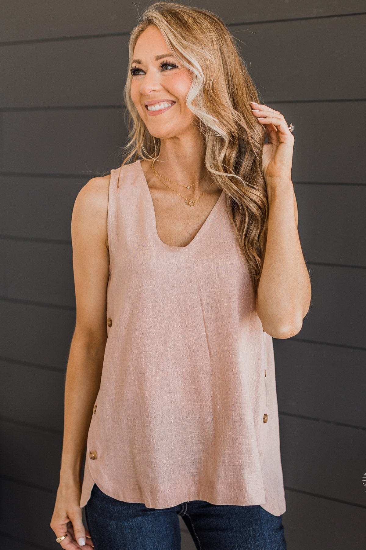 Awaited Love Button Tank Top- Blush