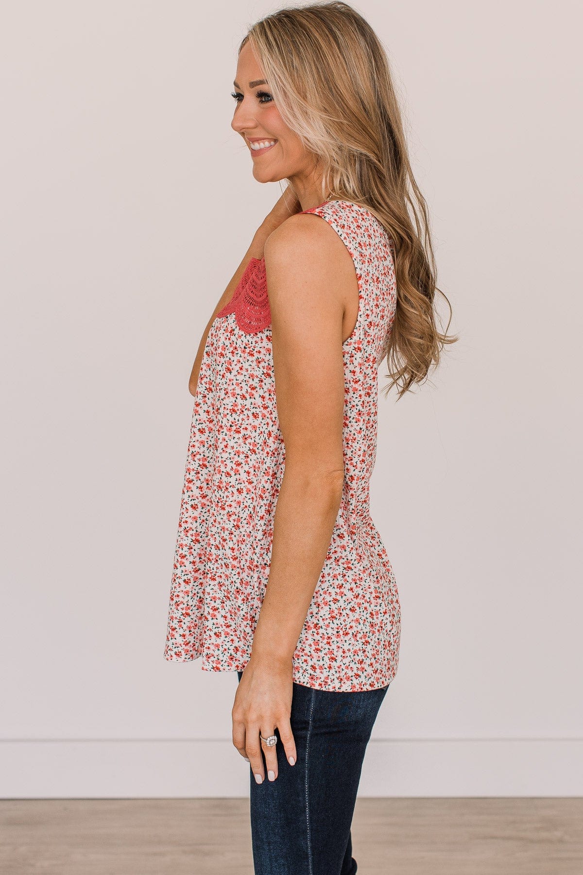 Maybe Someday Floral Lace Tank Top- Ivory & Coral