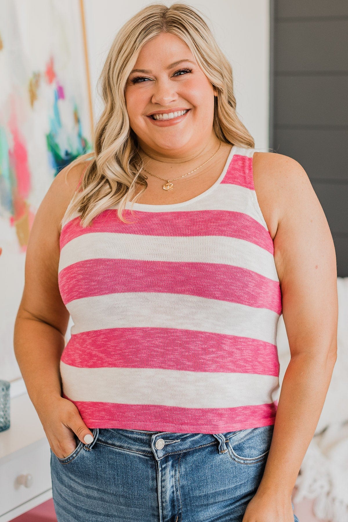 Sweet Optimism Striped Tank Top- Ivory & Hot Pink