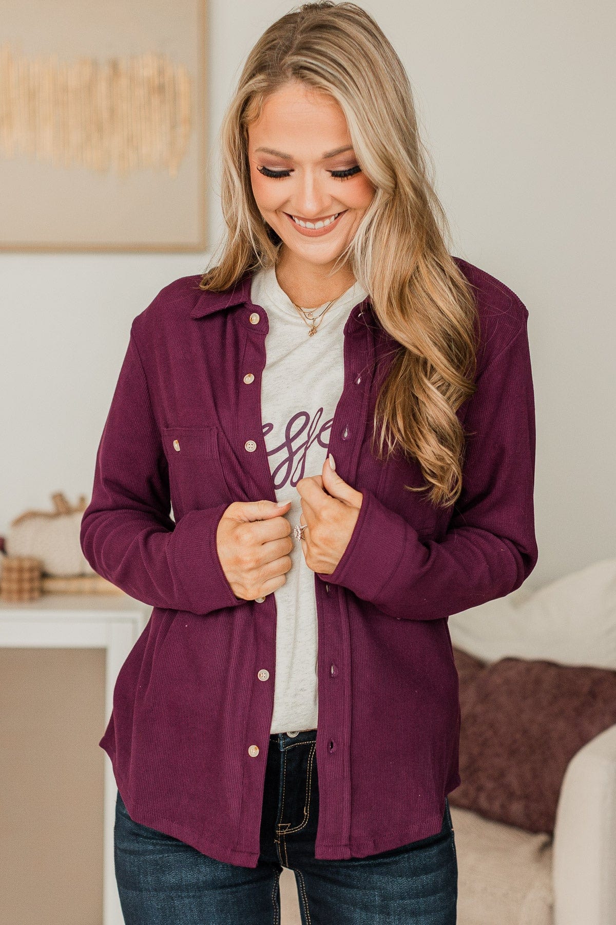 Waiting On You Knit Shirt Jacket- Plum
