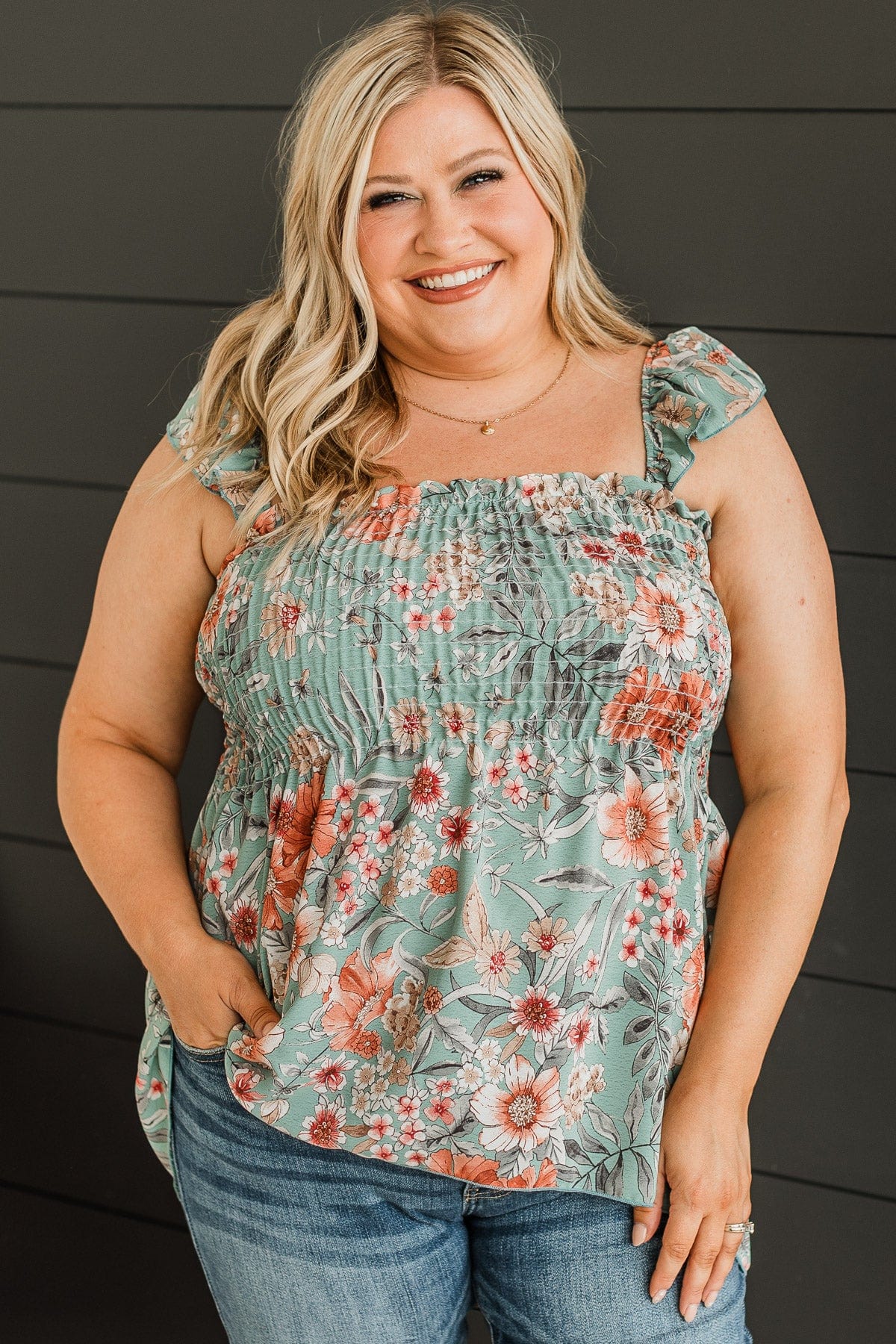 Love Of Your Life Floral Tank Top- Dusty Teal
