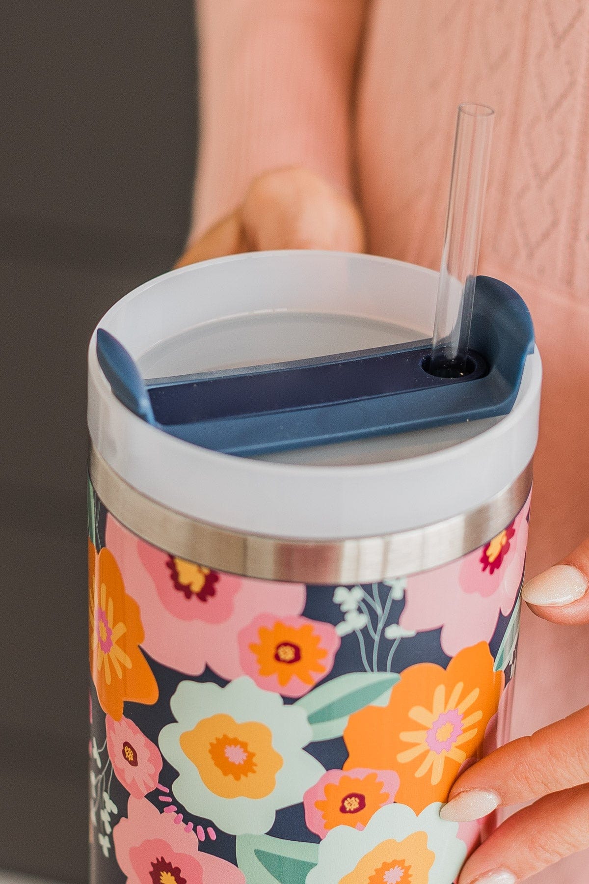 Navy Daisy Insulated Tumbler Cup with Handle
