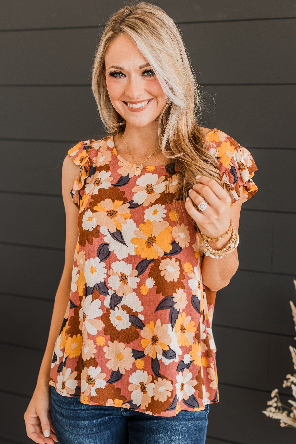 No Comparison Floral Top- Mauve & Yellow