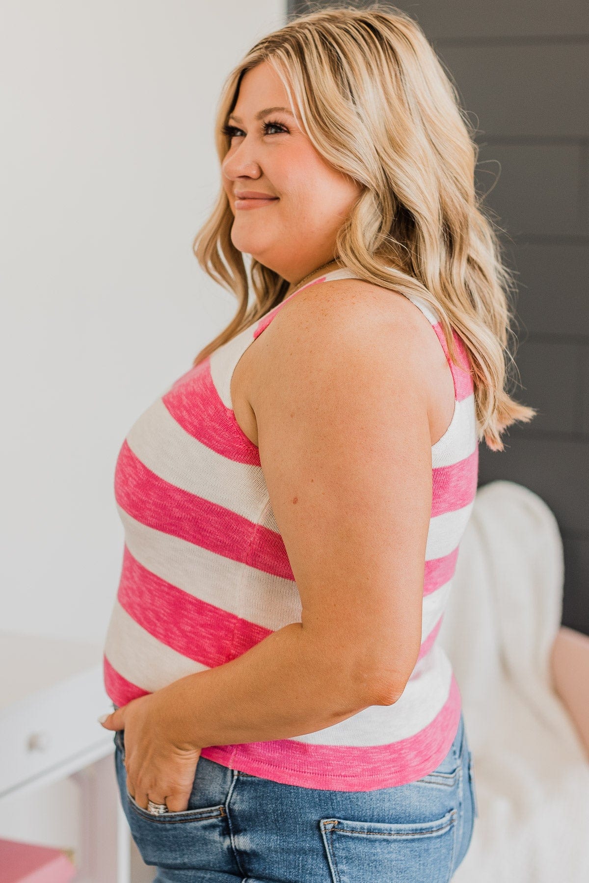 Sweet Optimism Striped Tank Top- Ivory & Hot Pink