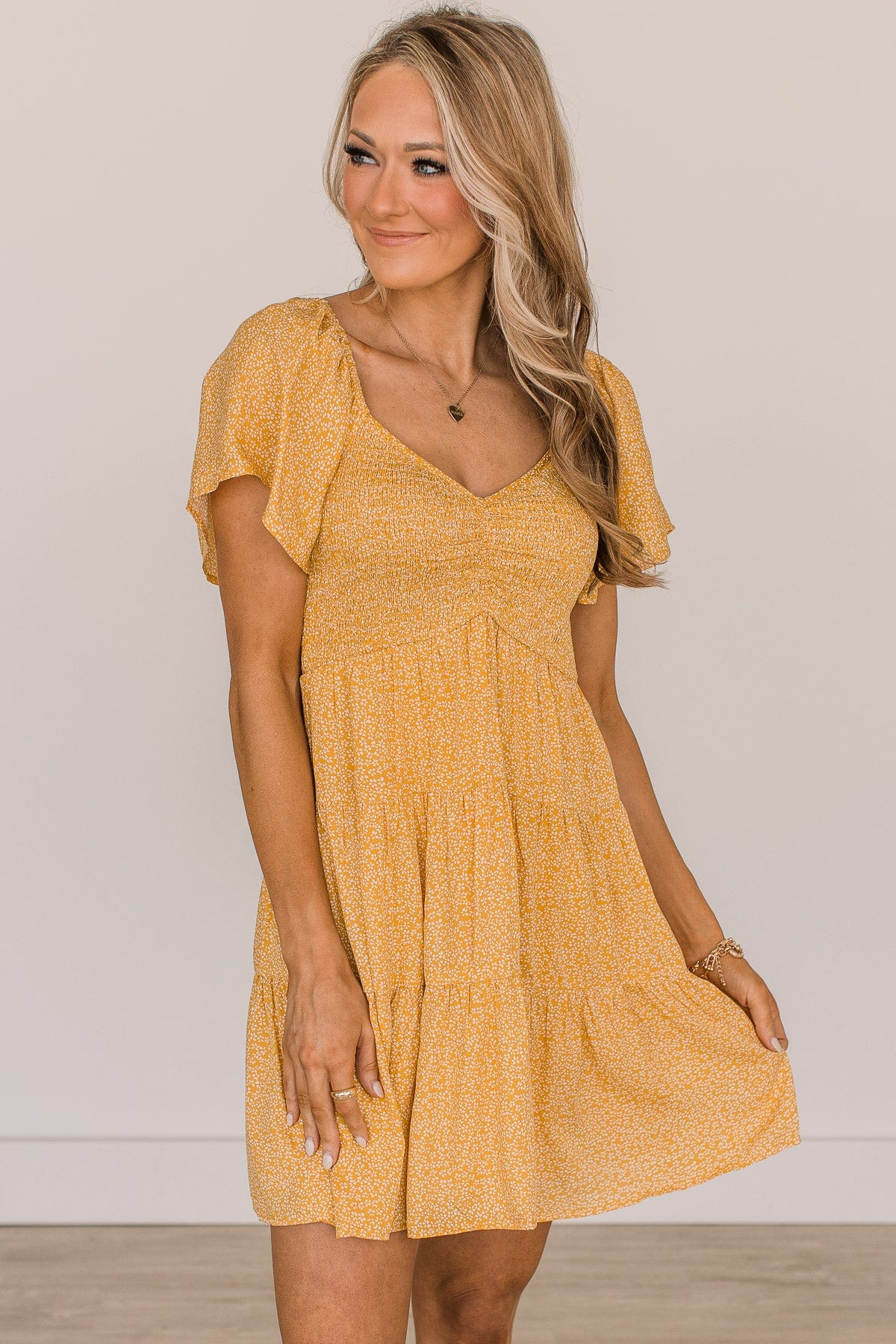Grand Arrival Smocked Floral Dress- Golden Yellow Grand Arrival Smocked Floral Dress- Golden Yellow