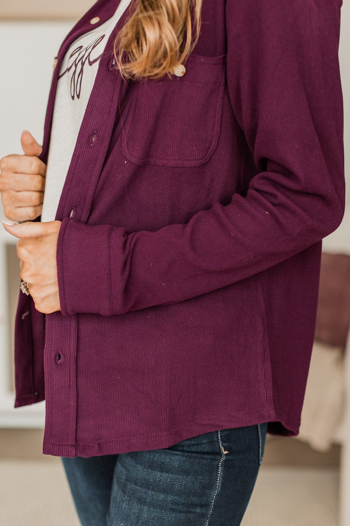 Waiting On You Knit Shirt Jacket- Plum