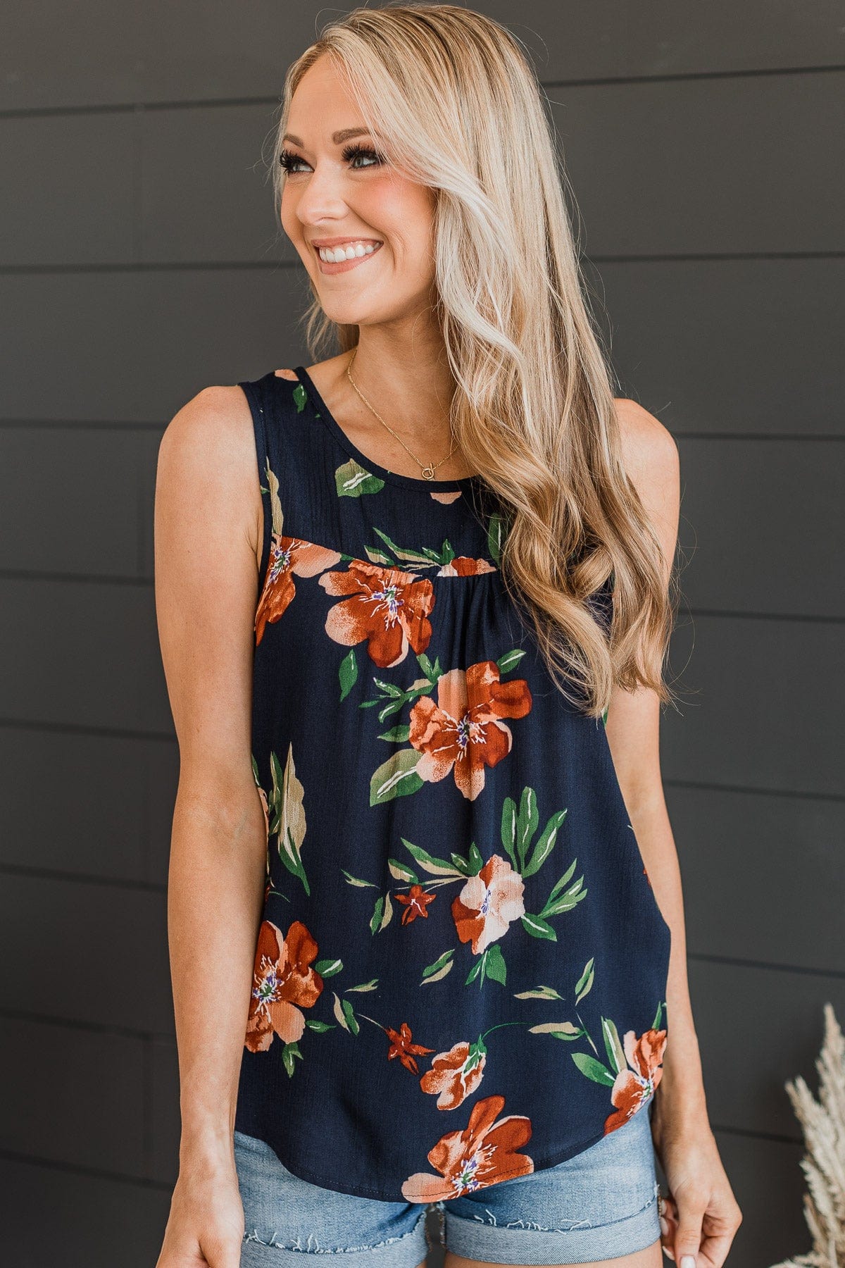 Intrigued By You Floral Tank Top- Navy