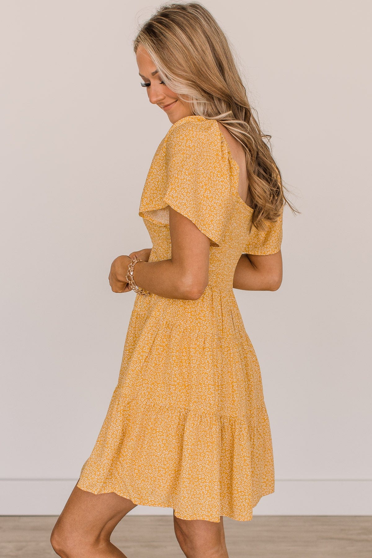 Grand Arrival Smocked Floral Dress- Golden Yellow