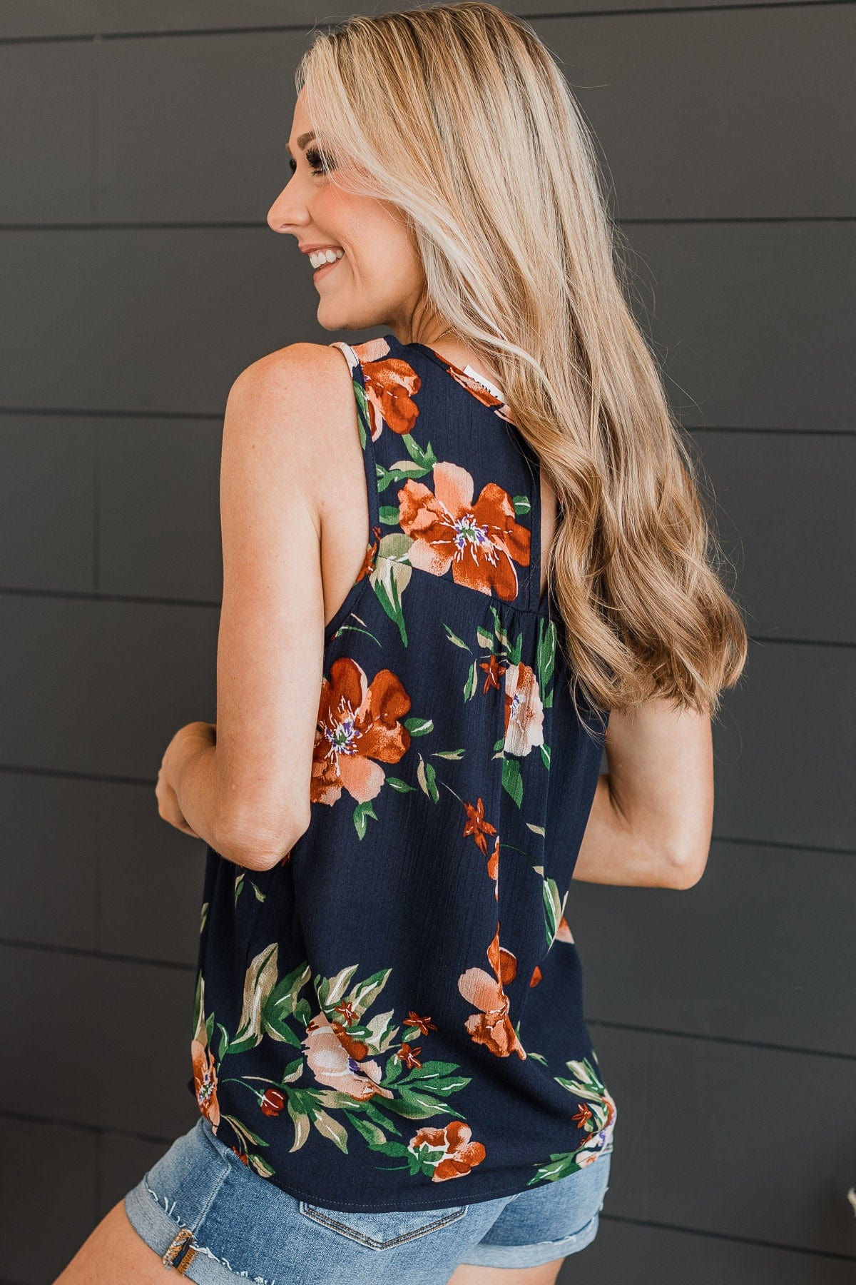 Intrigued By You Floral Tank Top- Navy