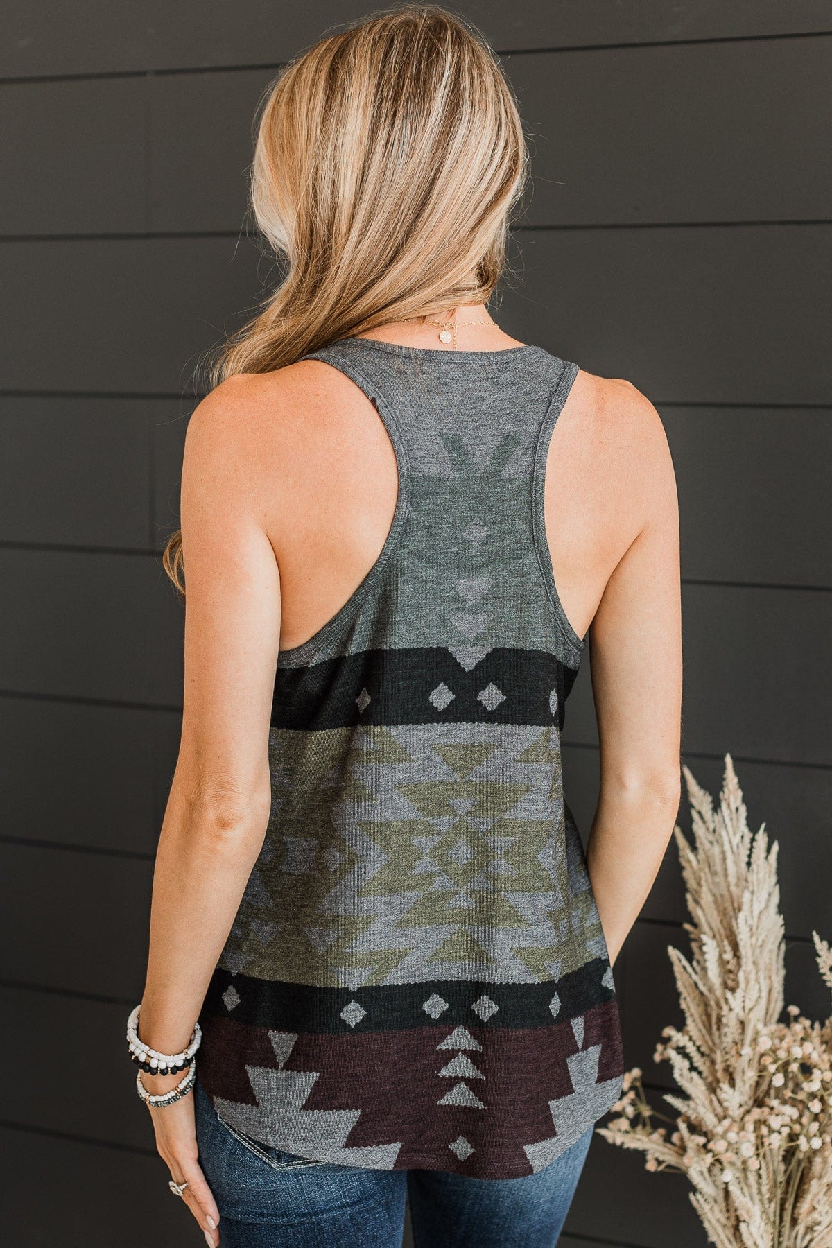 Not Over You Aztec Tank Top- Charcoal