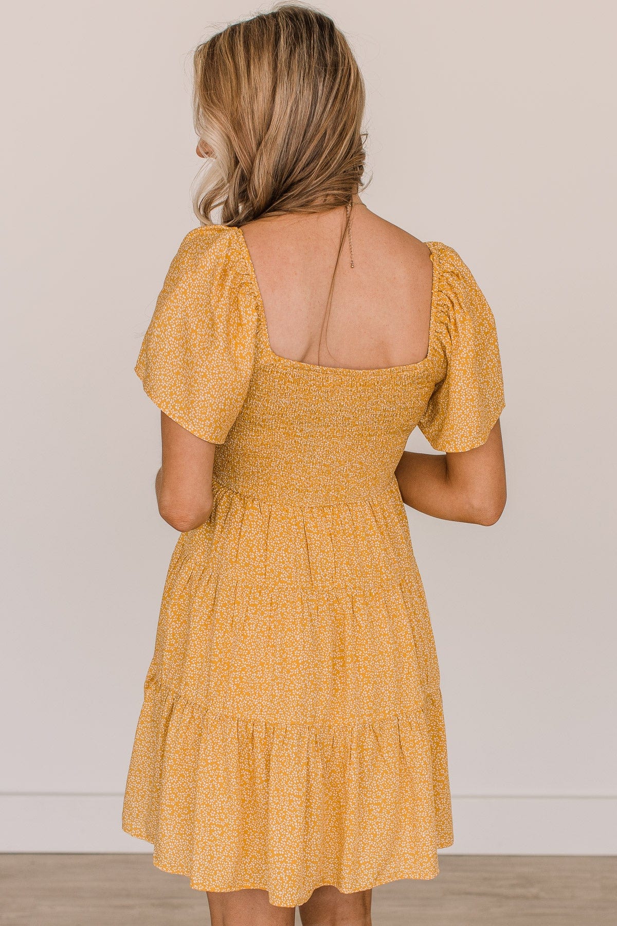 Grand Arrival Smocked Floral Dress- Golden Yellow