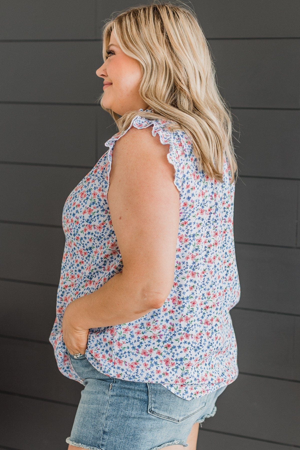Sweeter Than Ever Ruffle Top- Ivory & Royal Blue