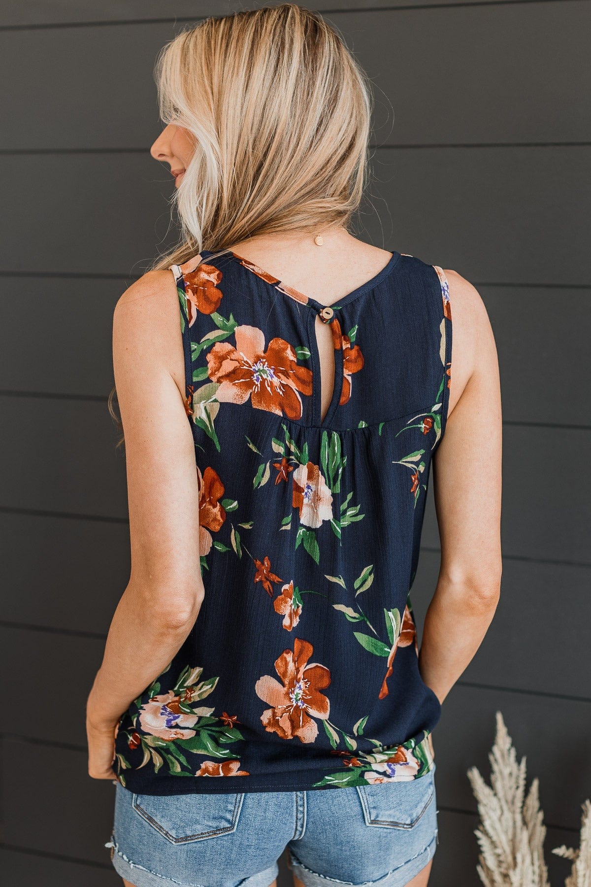 Intrigued By You Floral Tank Top- Navy