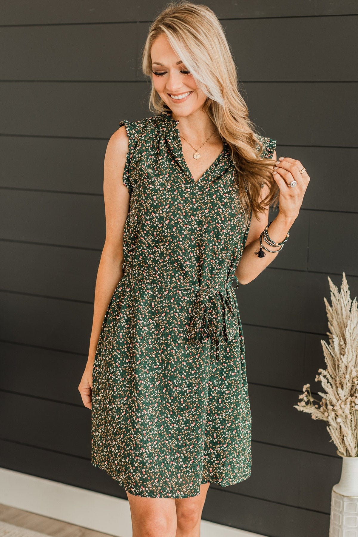 Feeling Confident Floral Dress- Hunter Green