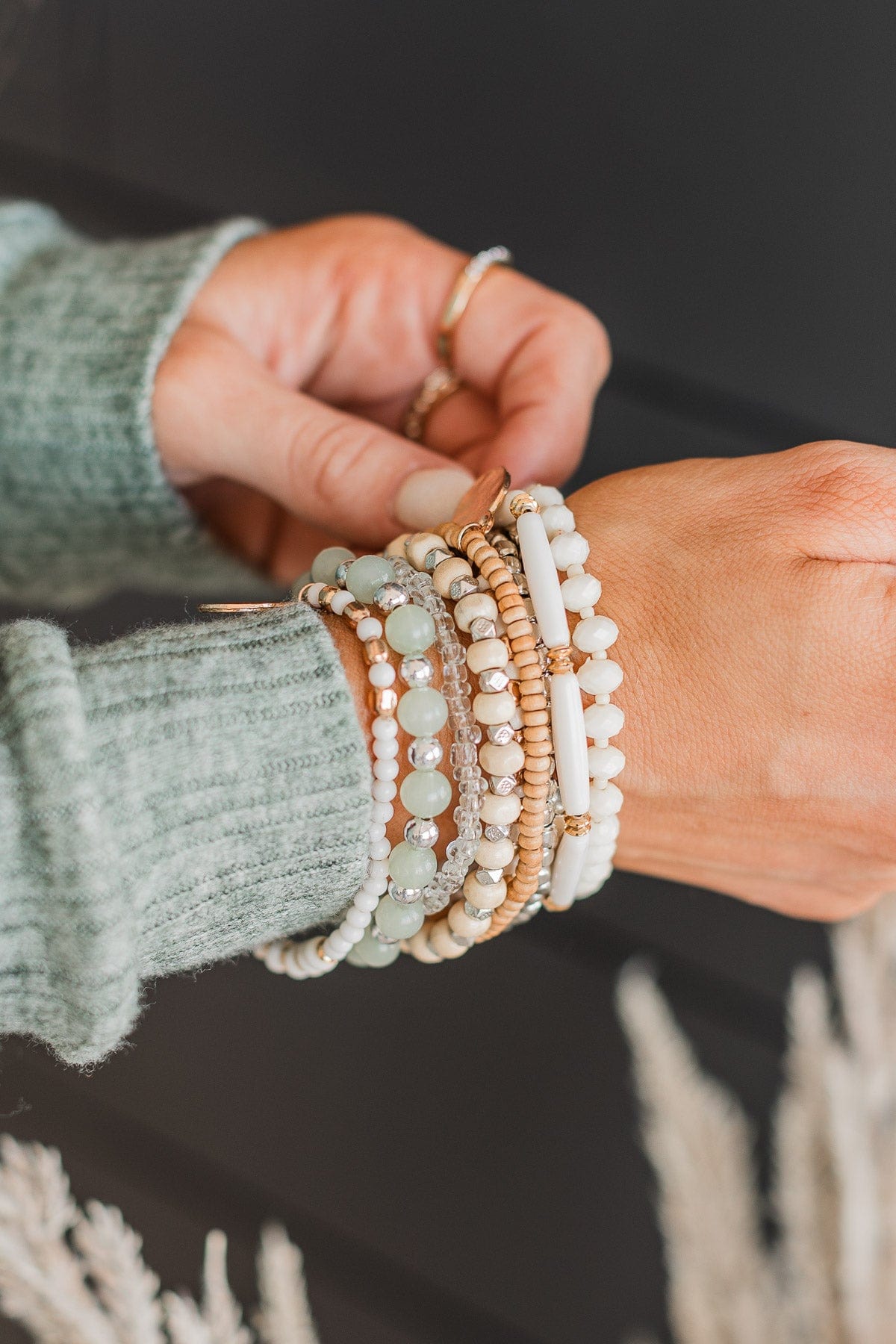 Simply Elegant Bracelet Set- Sage & Cream
