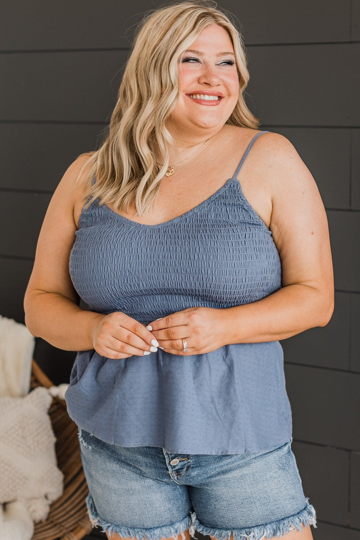 All The Appeal Babydoll Tank Top- Slate Blue
