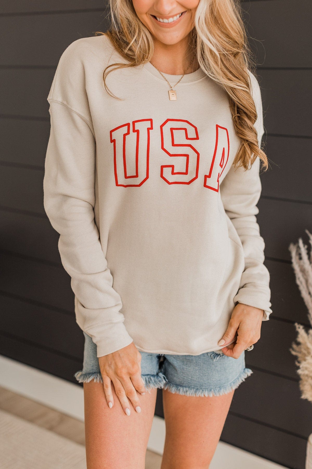 "USA" Crew Neck Pullover- Beige