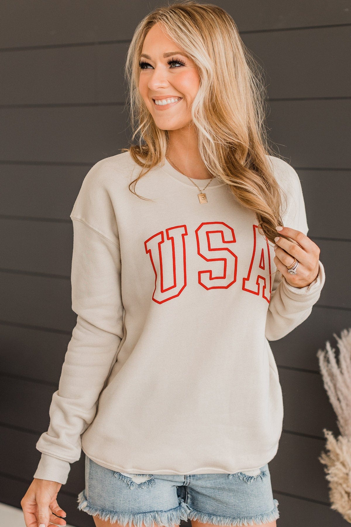 "USA" Crew Neck Pullover- Beige