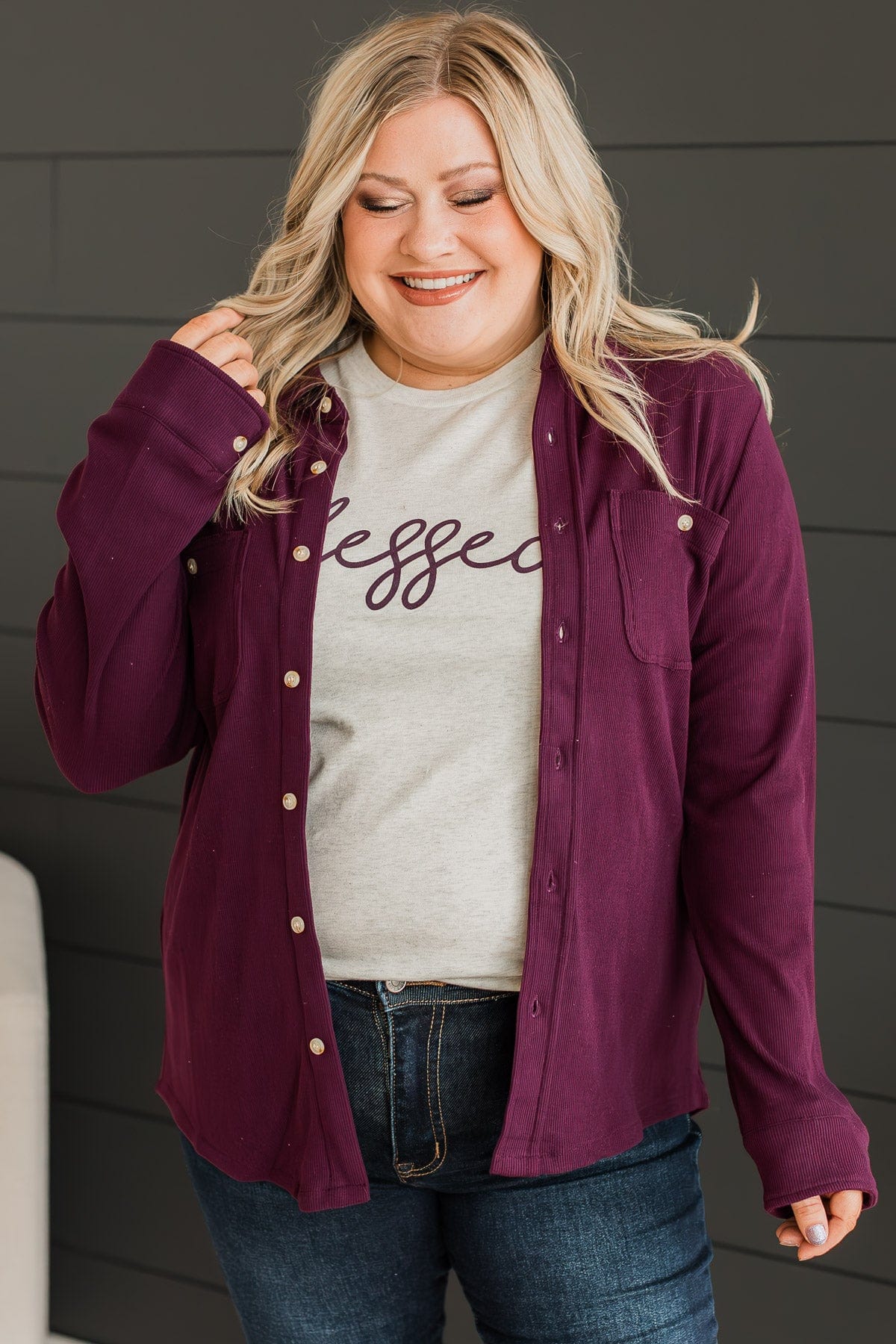 Waiting On You Knit Shirt Jacket- Plum