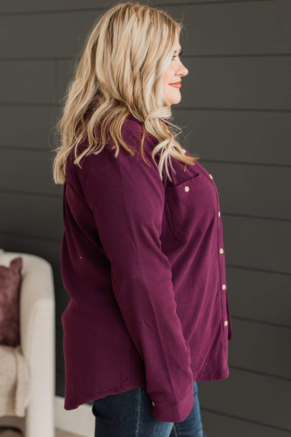 Waiting On You Knit Shirt Jacket- Plum