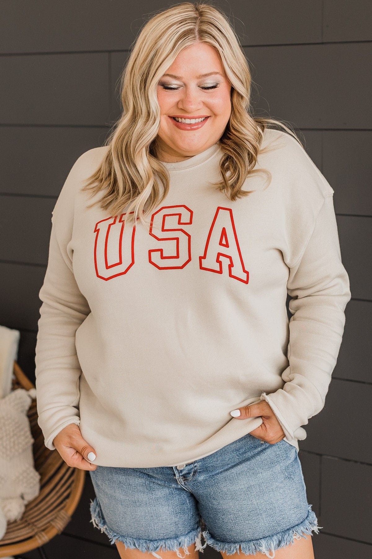 "USA" Crew Neck Pullover- Beige