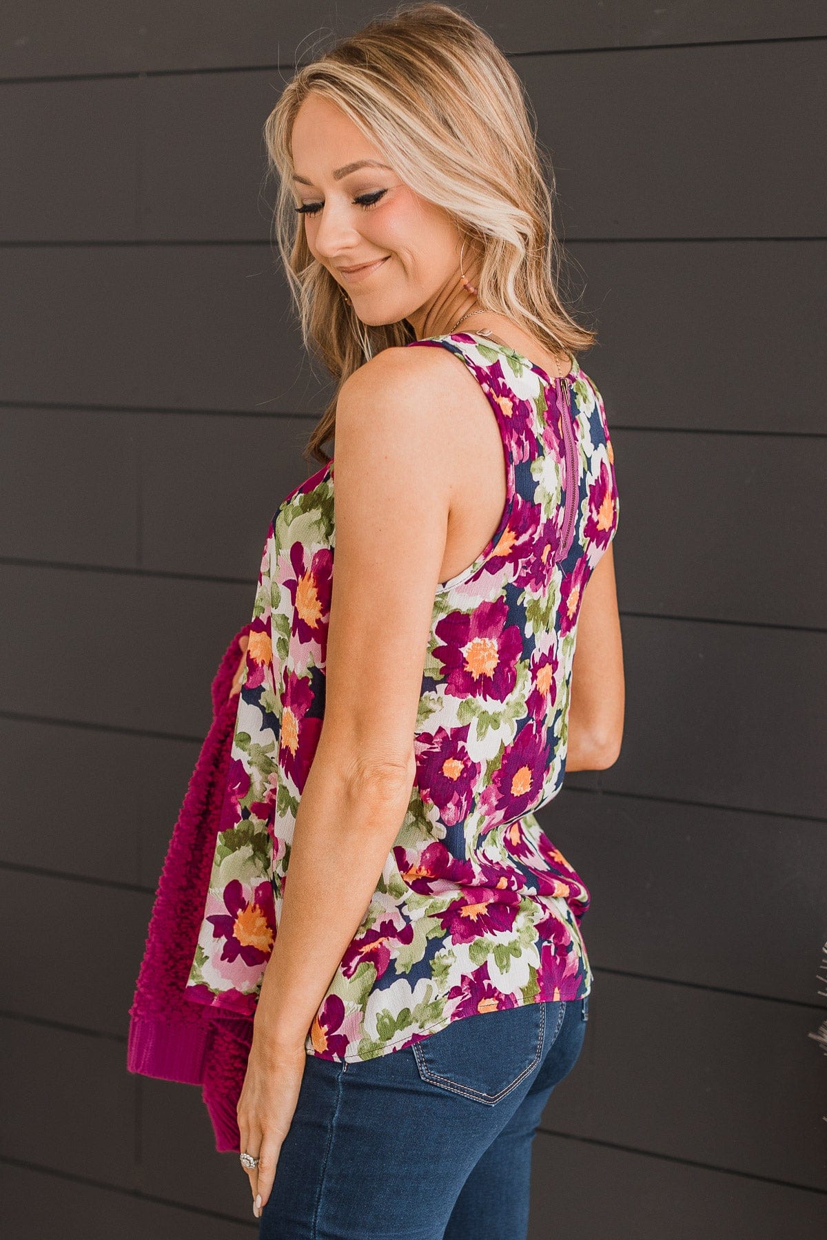 Bloom With Style Floral Tank Top- Navy & Magenta