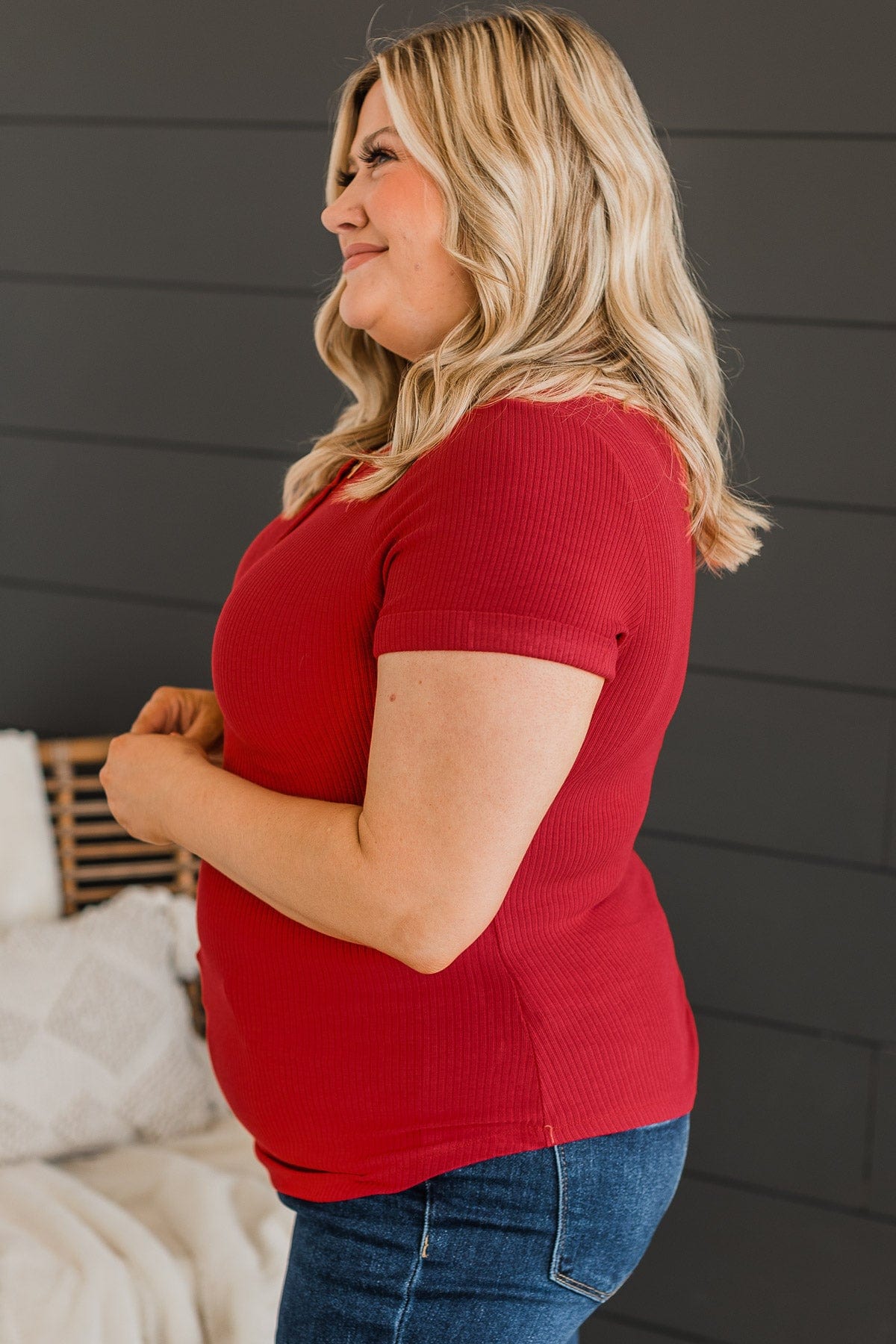 Every Effort Ribbed Knit Button Top- Red