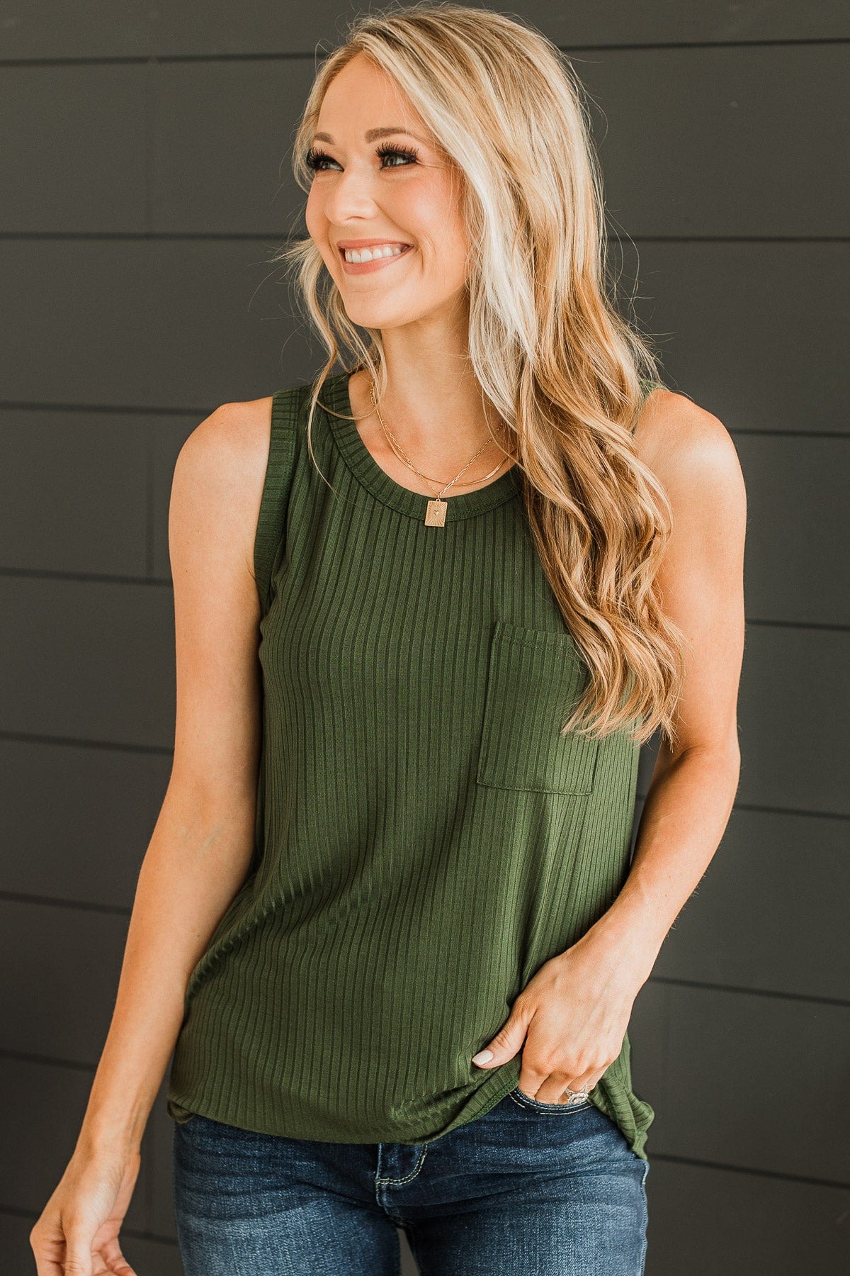 Just Peachy Ribbed Knit Tank Top- Dark Olive