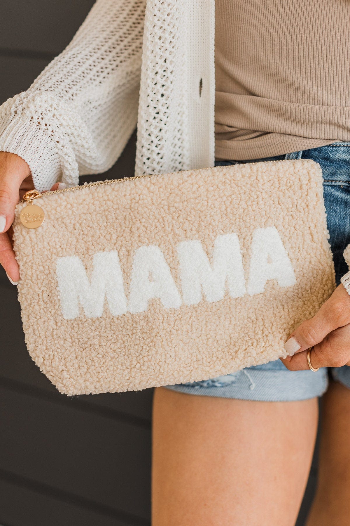 The Darling Effect "Mama" Sherpa Pouch- Tan