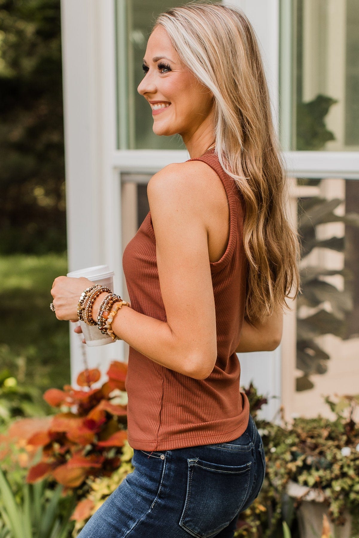 Where To Now Ribbed Tank Top- Brick