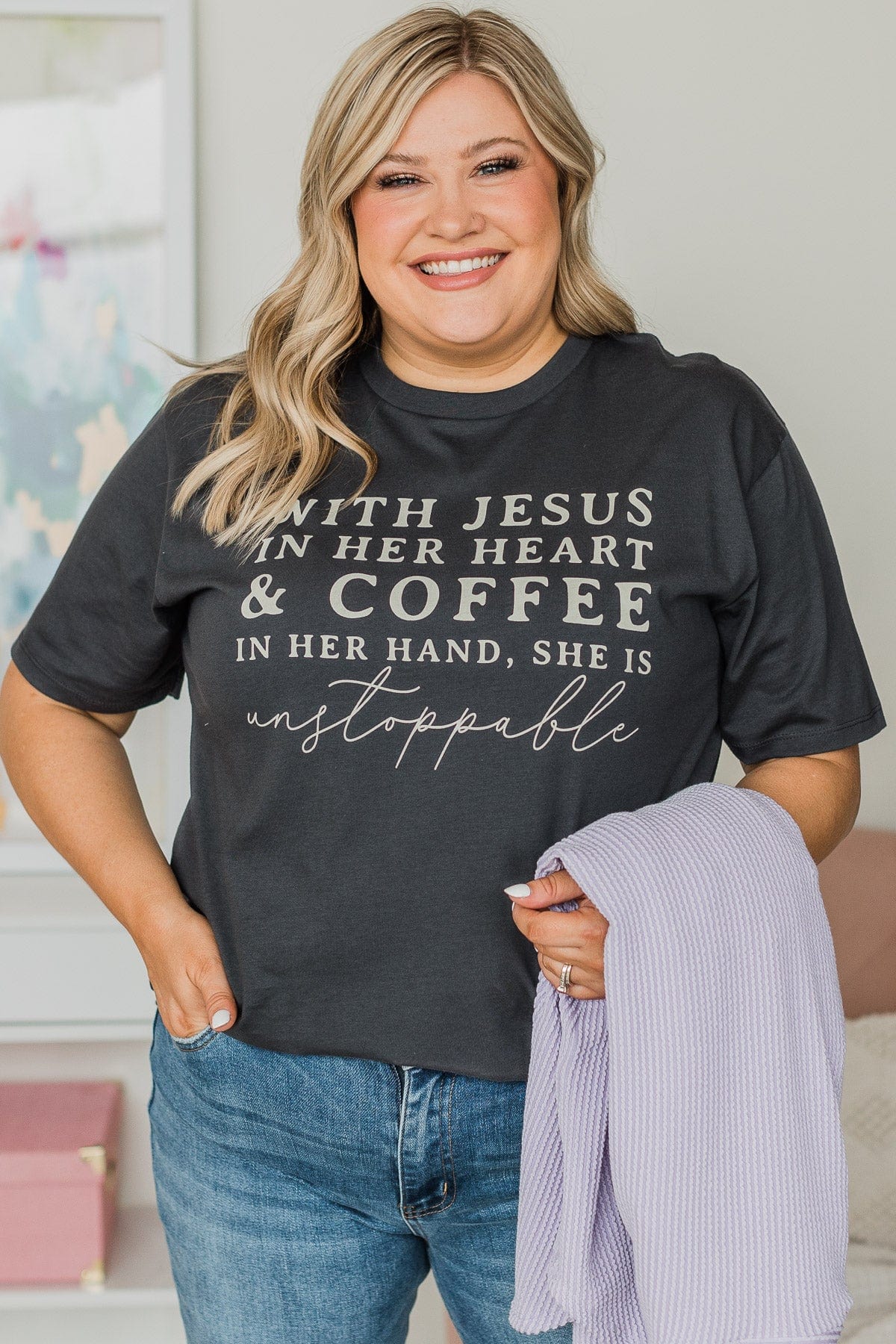 "With Jesus In Her Heart" Graphic Tee- Charcoal