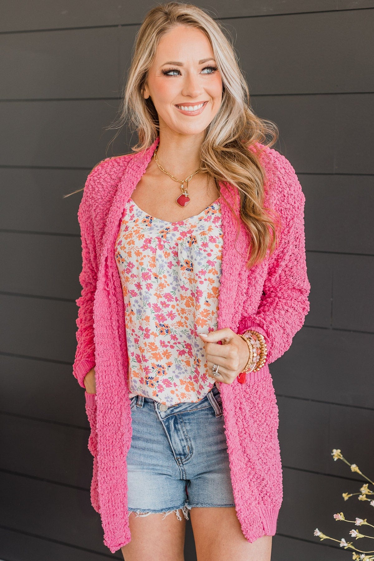 Movie Date Popcorn Knit Cardigan- Bright Pink