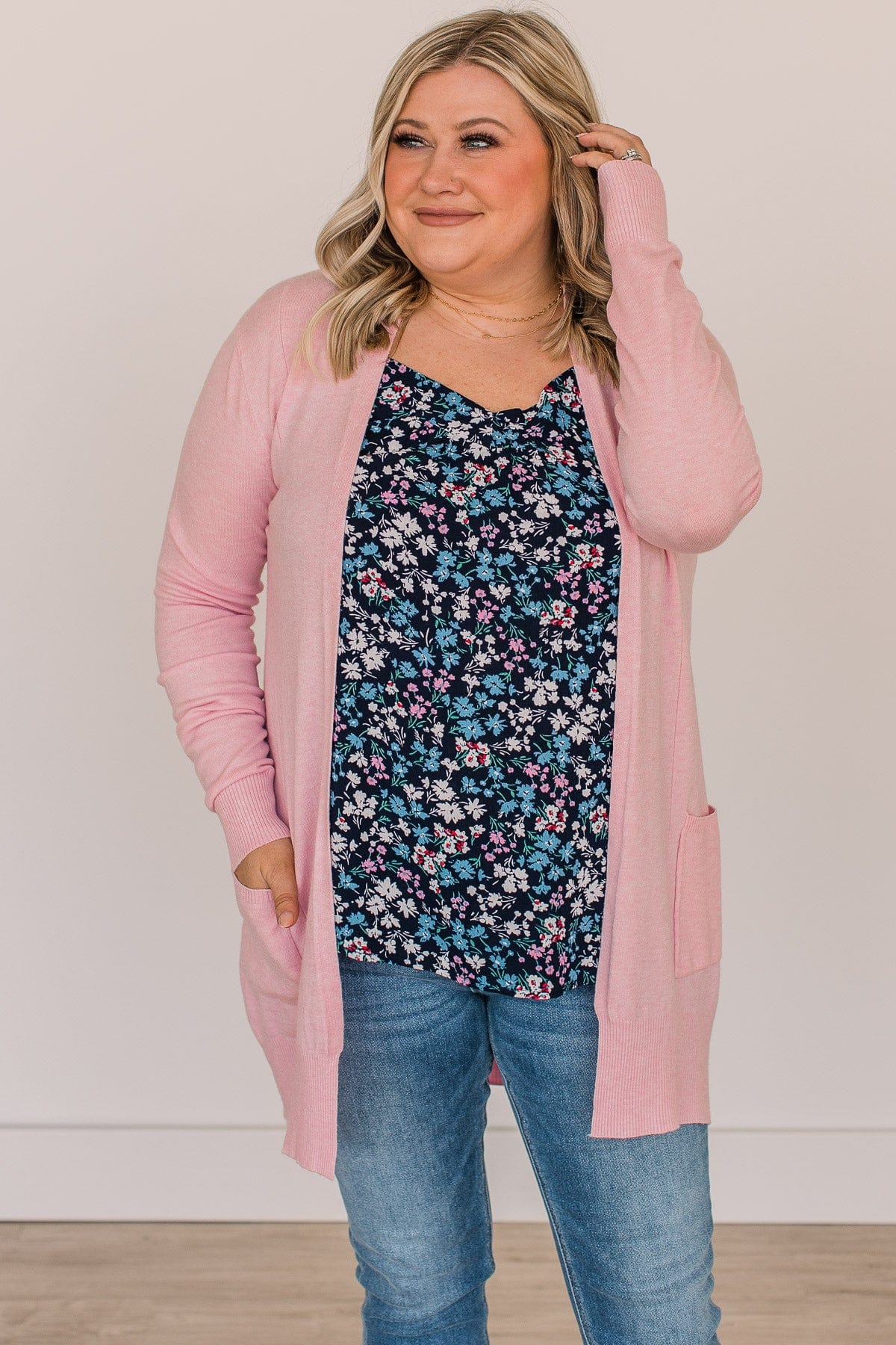 Lovely New Day Open Front Knit Cardigan- Light Pink