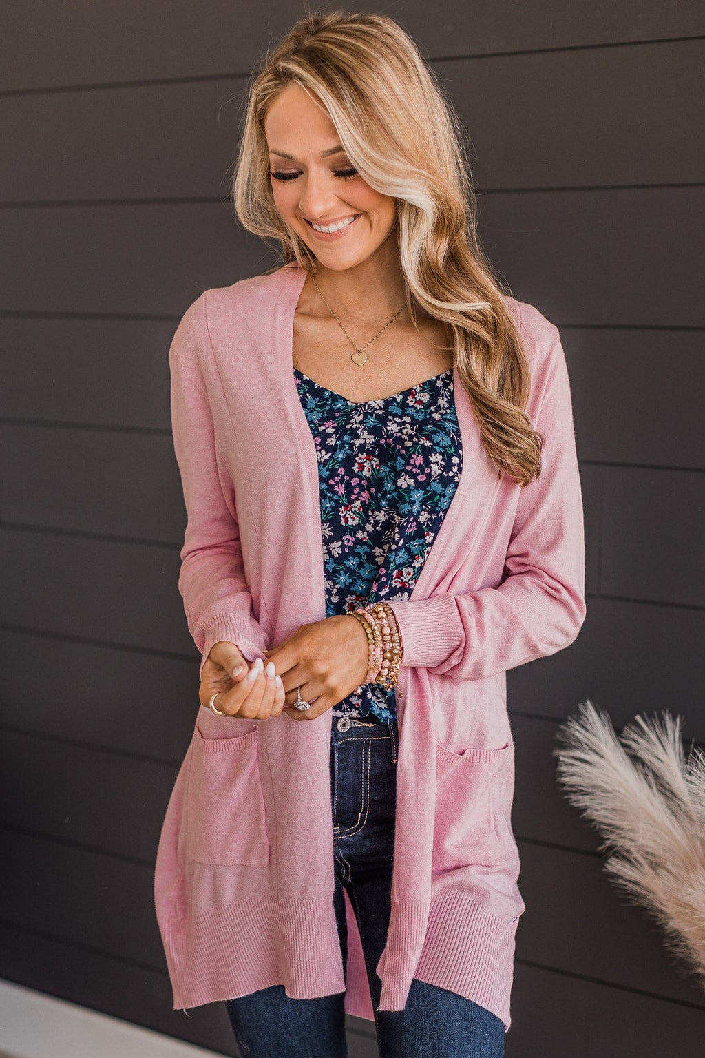 Lovely New Day Open Front Knit Cardigan- Light Pink