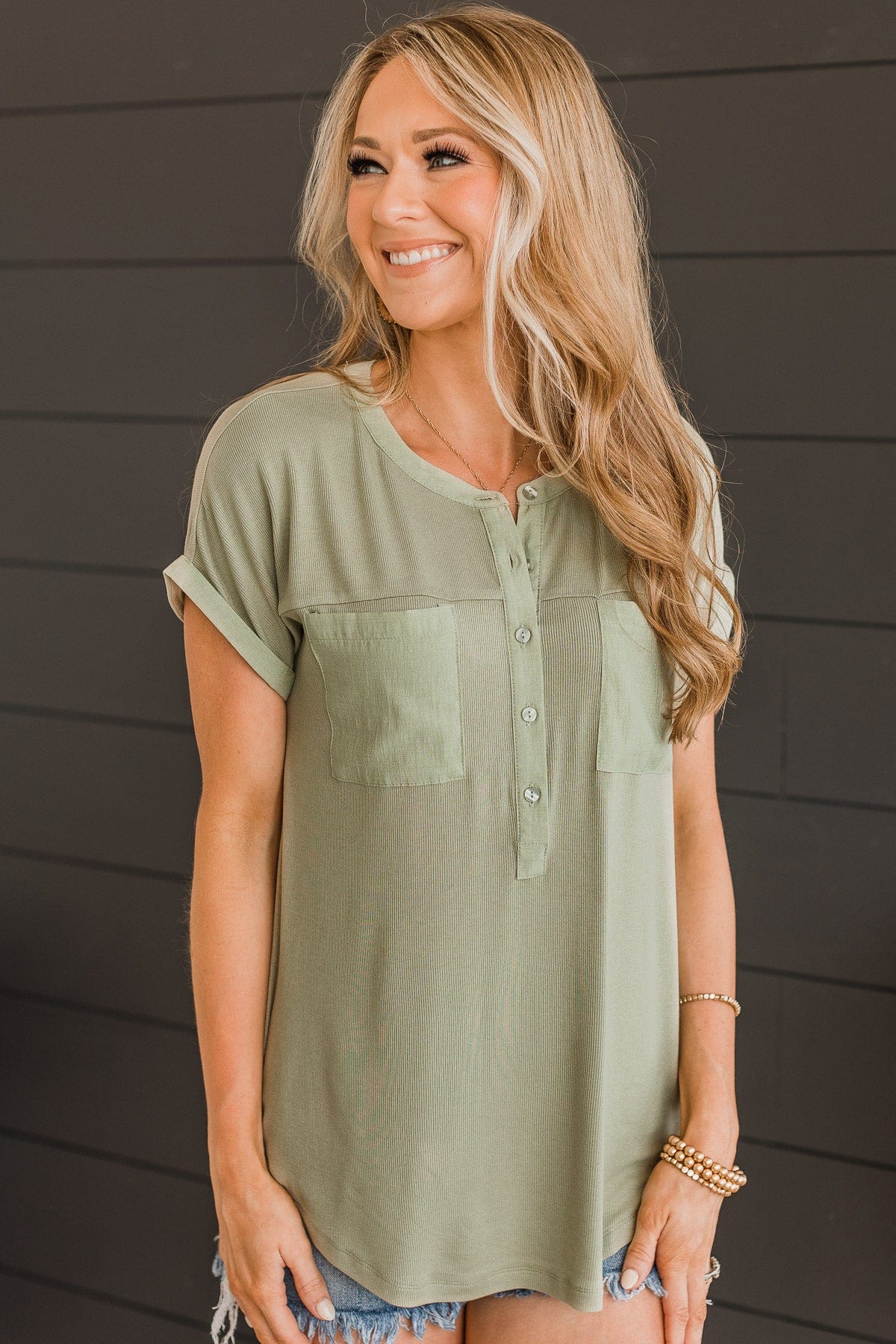 Happy Mindset Ribbed Knit Top- Sage