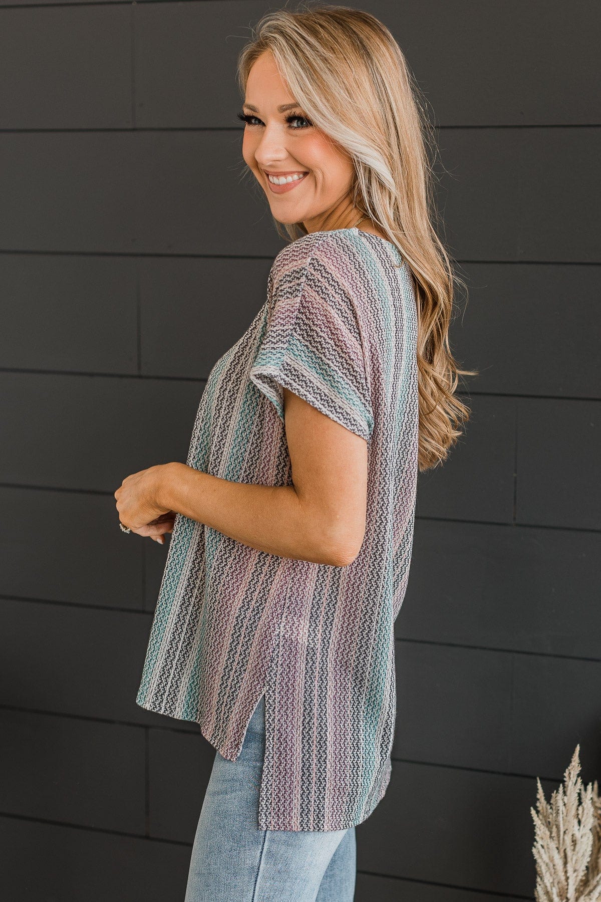 Feeling Sparks Knit Top- Charcoal, Mauve, & Blue