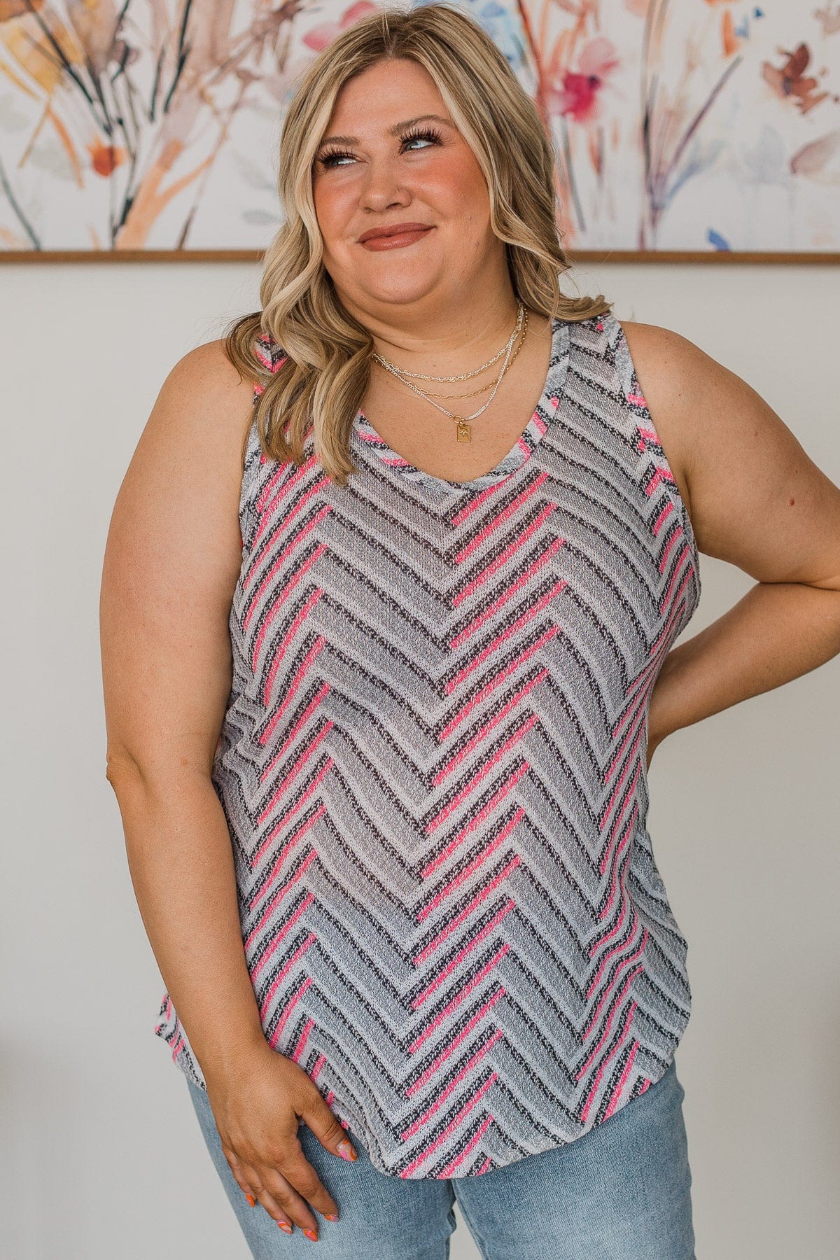 In The Mix Knit Tank Top- Grey & Neon Pink