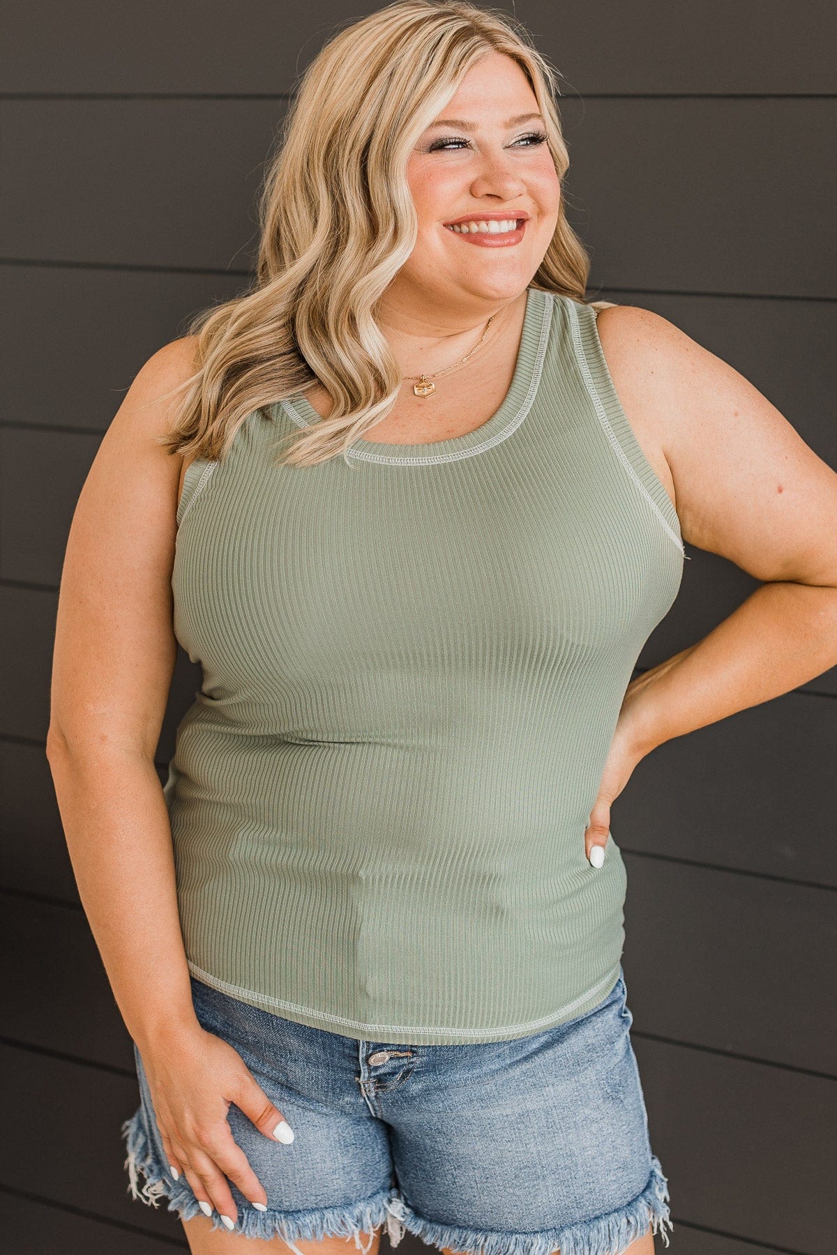 Good Attitude Ribbed Knit Tank Top- Sage