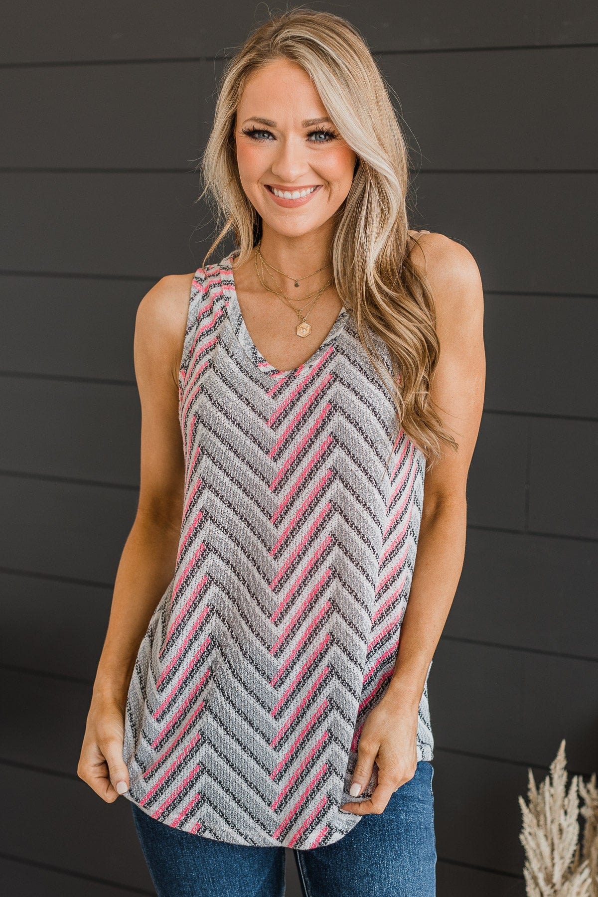 In The Mix Knit Tank Top- Grey & Neon Pink
