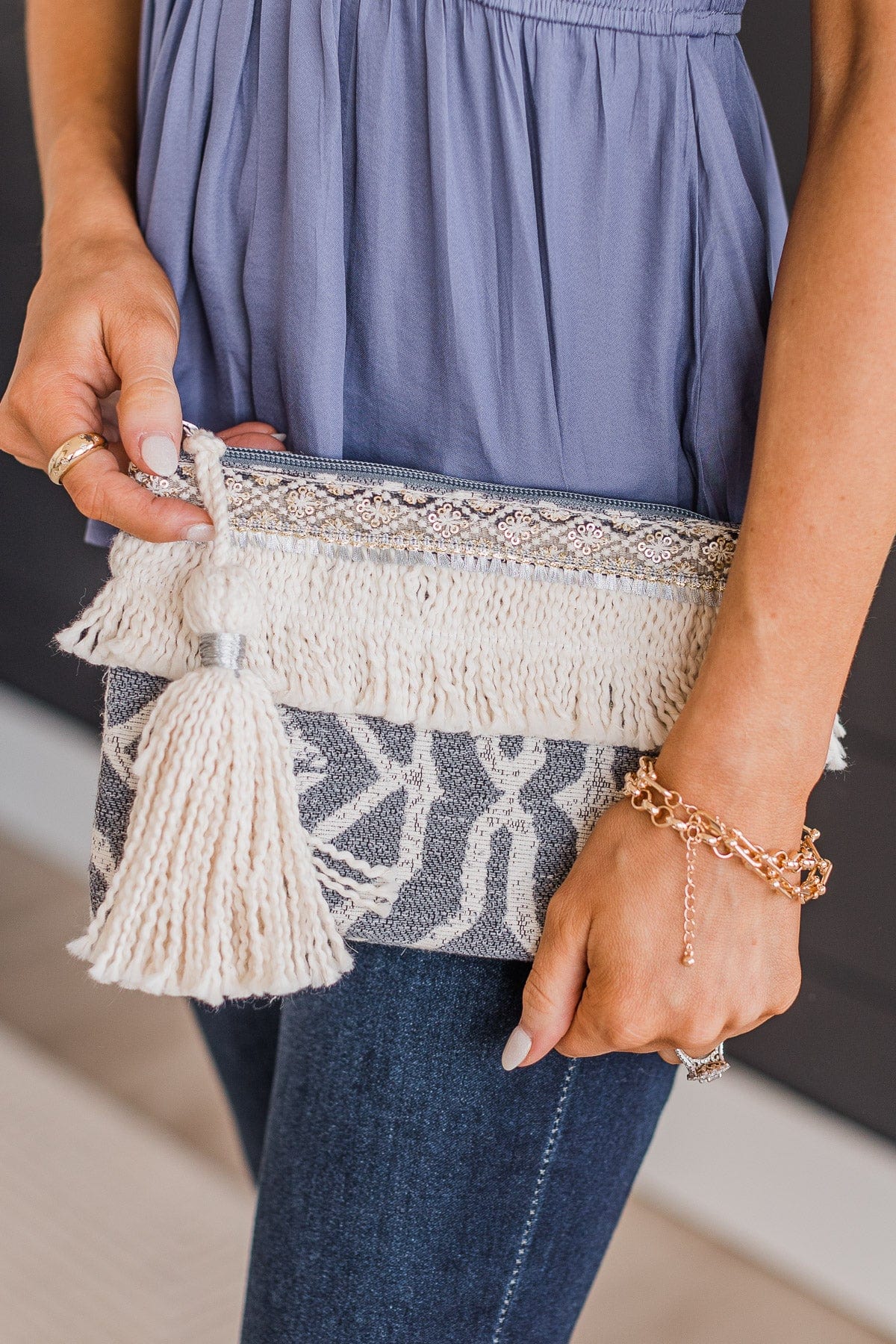 All That Allure Woven Clutch- Grey & Ivory