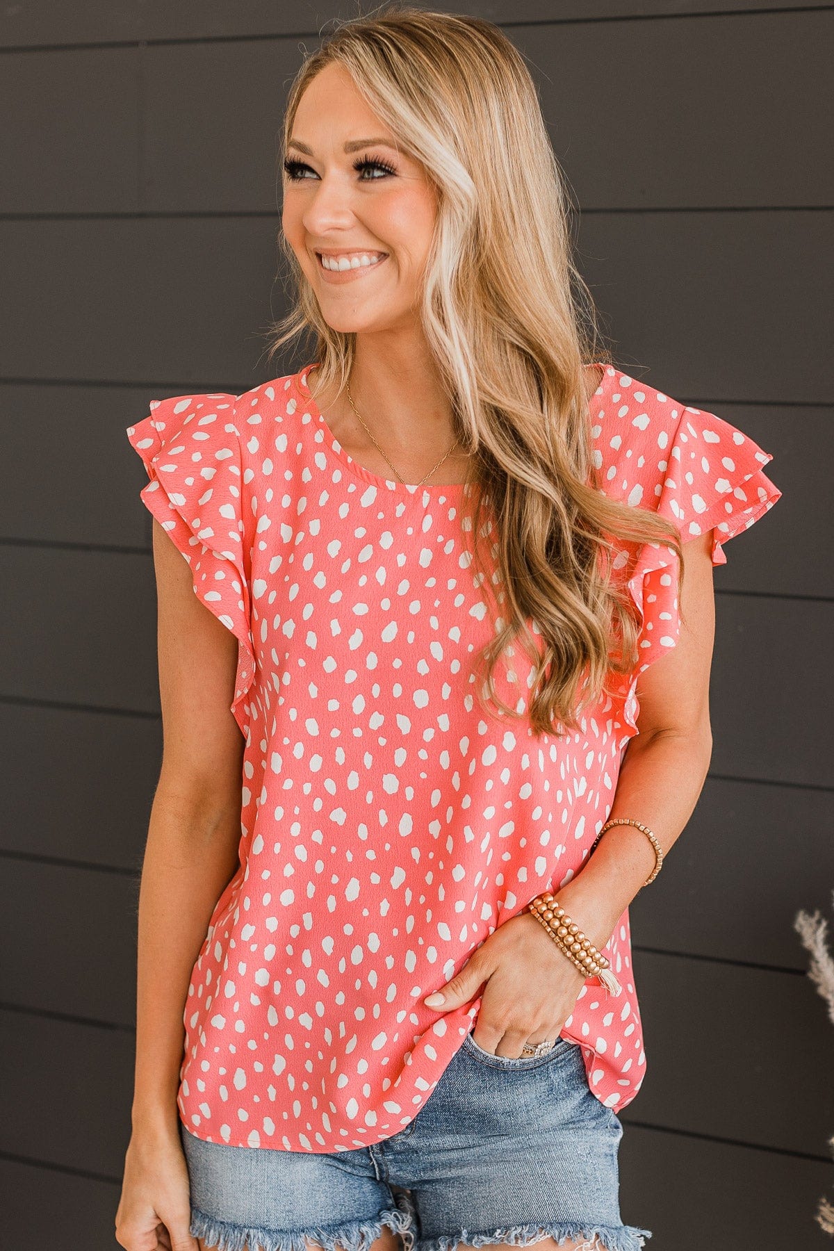 Timeless Moments Ruffle Blouse- Bright Coral