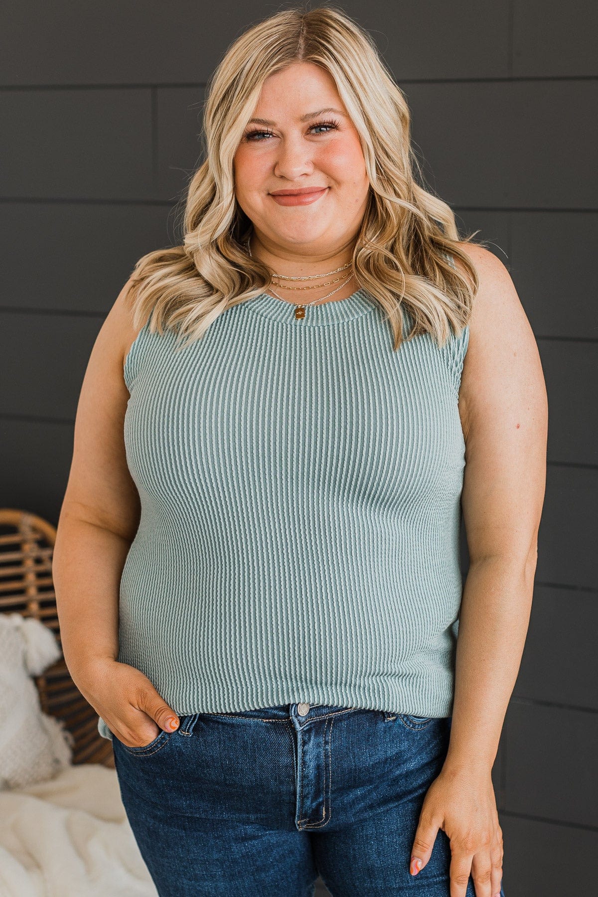 Playing It Cool Knit Tank Top- Dusty Blue