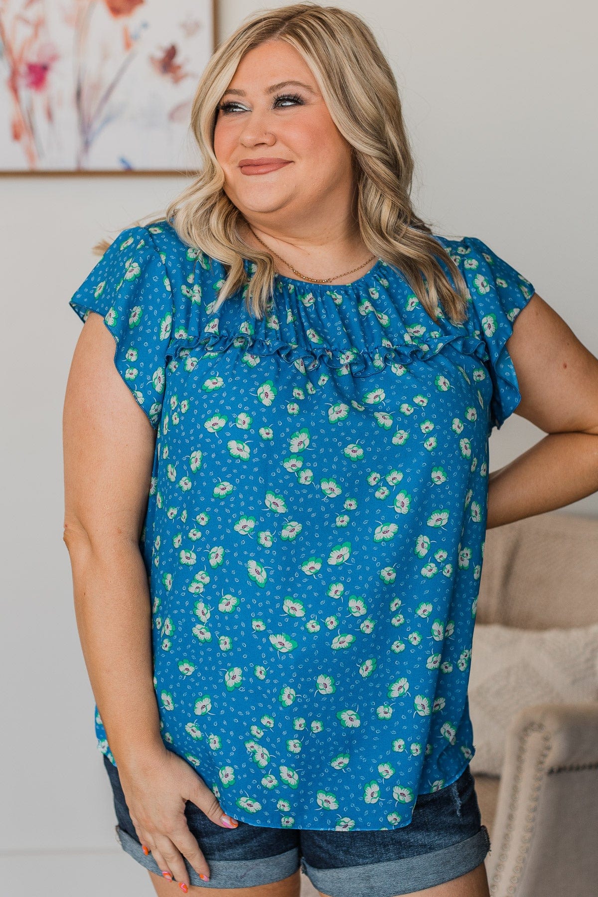 Embracing The New Floral Top- Dark Blue