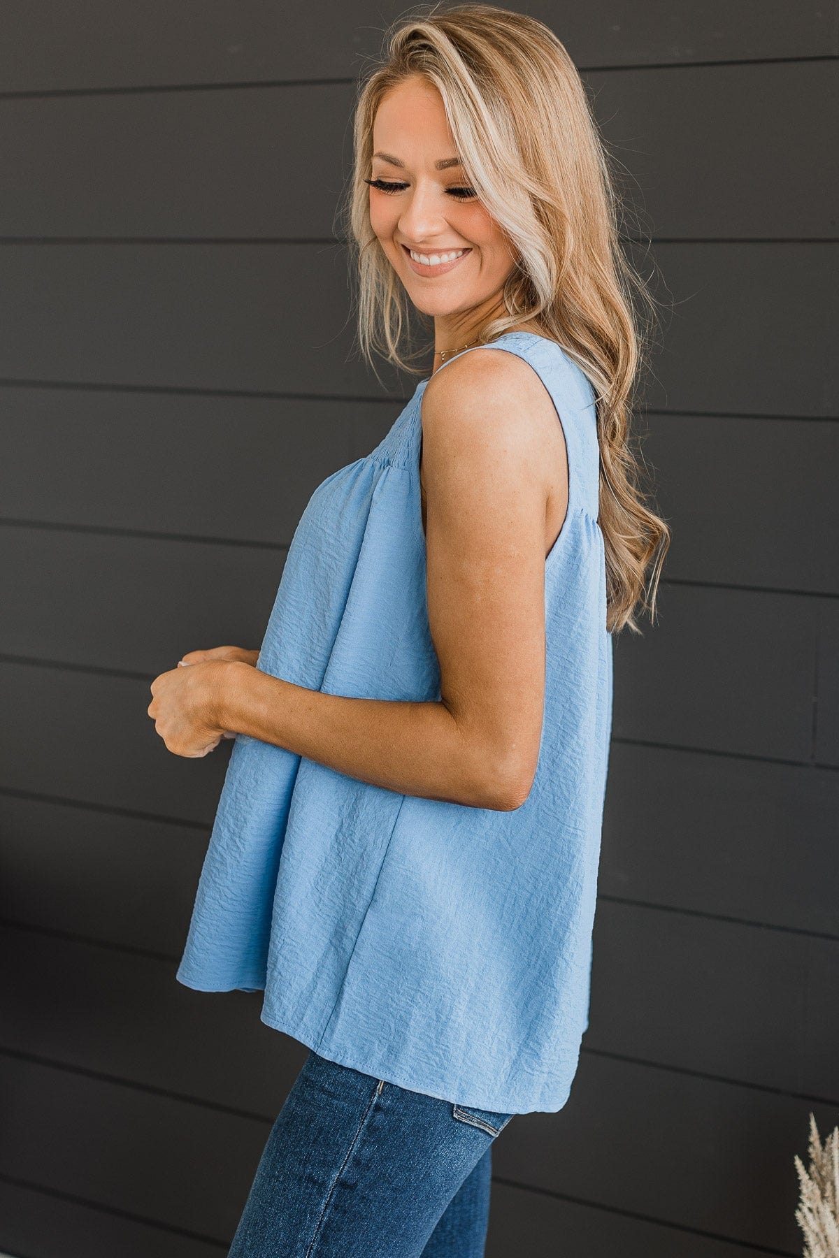 In A Daydream Smocked Tank Top- Light Blue